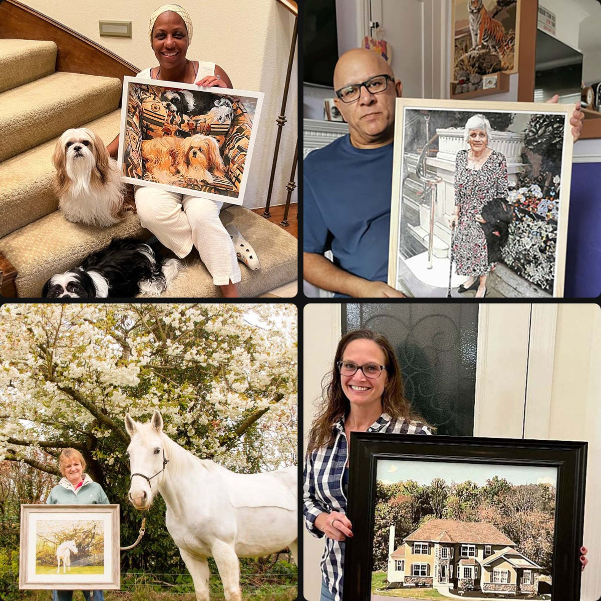 Customers holding their custom paint by numbers paintings of their dogs, a mother, a horse and their home