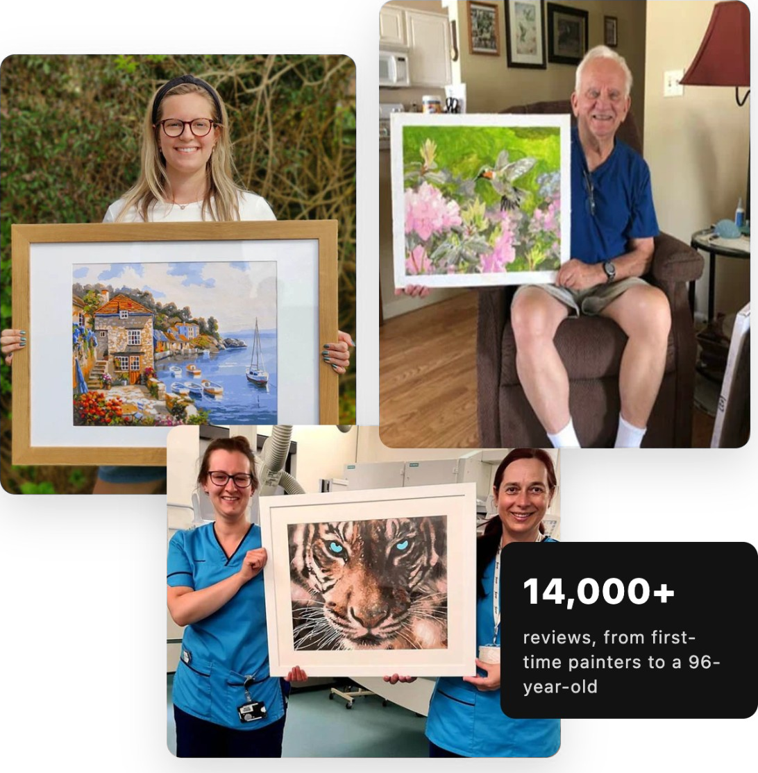 Paint by numbers customers holding their finished paintings: Louisa with Harbor Garden, Frank, 91, with Hummingbird, and the Perth Royal Infirmary X-ray team with Blue Eyes